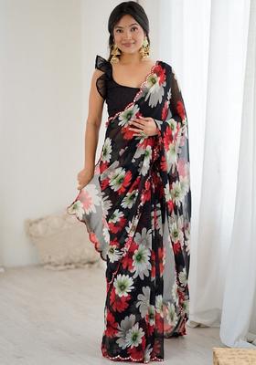 Black Floral Print Georgette Saree Set