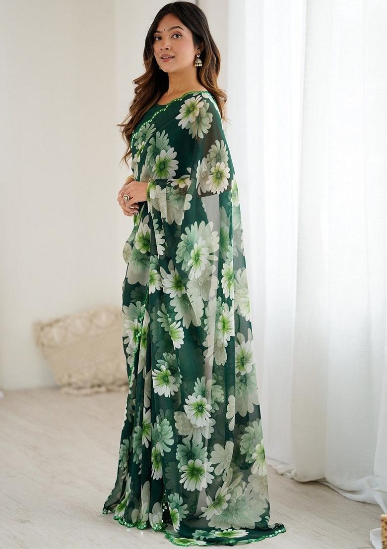Green Floral Print Georgette Saree Set - Indya
