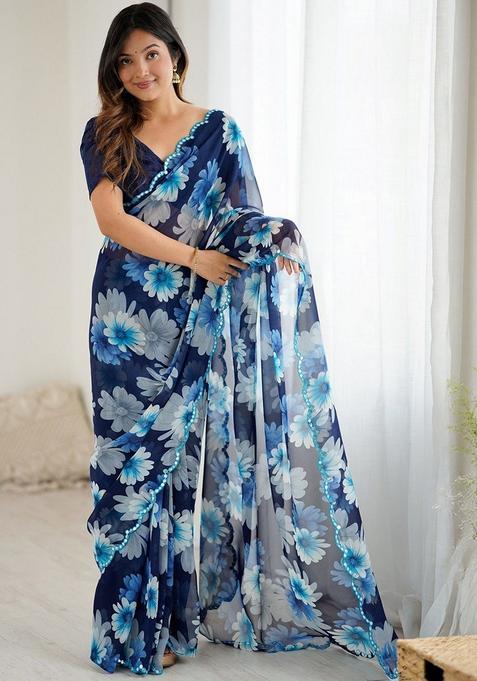 Teal Floral Print Georgette Saree Set