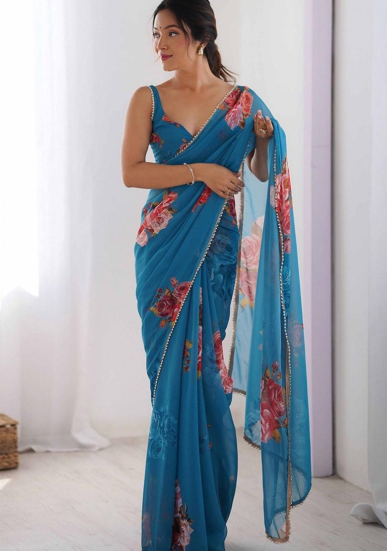 Teal Floral Print Georgette Saree Set - Indya