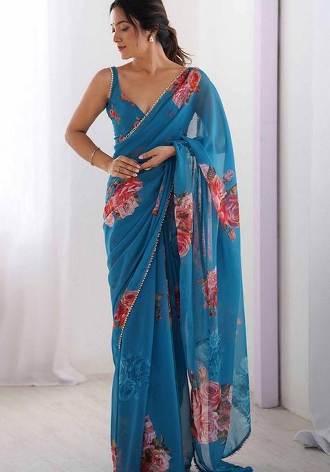 Teal Floral Print Georgette Saree Set