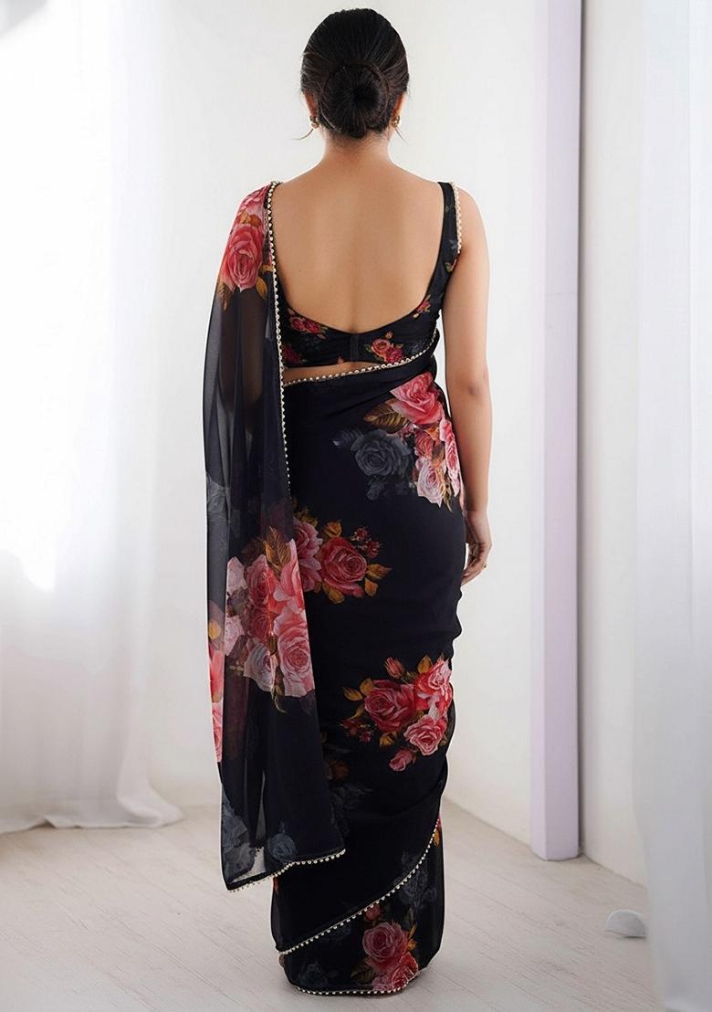 Black Floral Print Georgette Saree Set - Indya