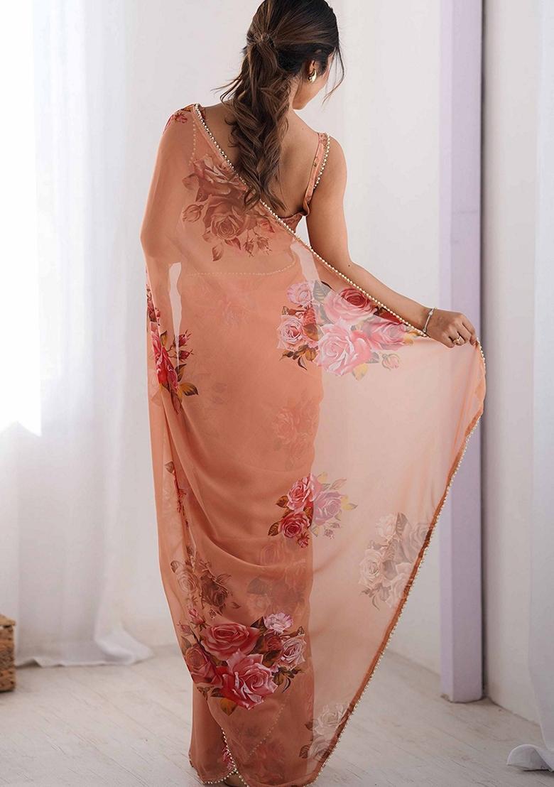 Orange Floral Print Georgette Saree Set - Indya