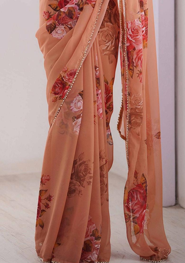 Orange Floral Print Georgette Saree Set - Indya
