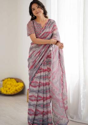 Grey Geometric Georgette Saree Set