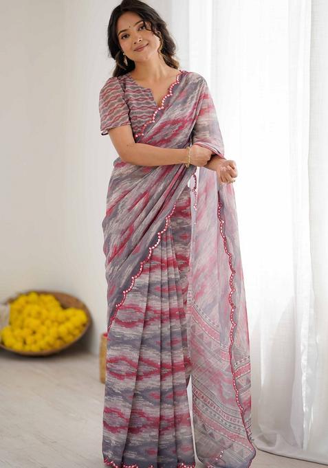 Grey Geometric Georgette Saree Set