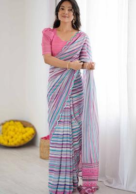 Pink Geometric Georgette Saree Set