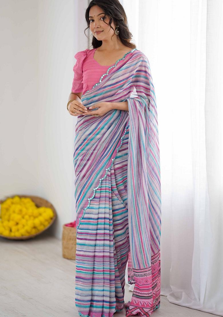 Pink Geometric Georgette Saree Set - Indya