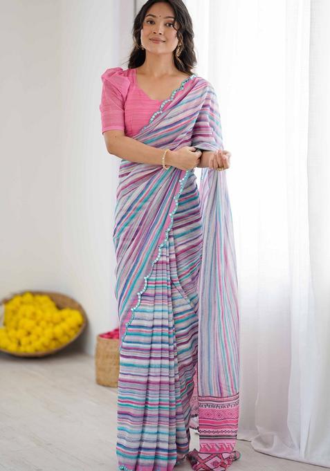 Pink Geometric Georgette Saree Set