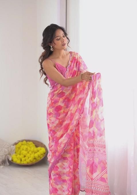 Yellow Geometric Georgette Saree Set