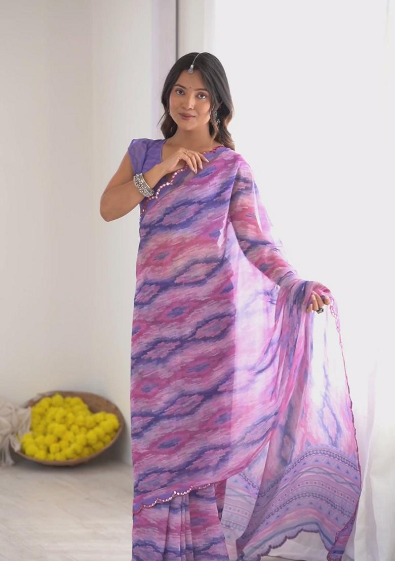 Purple Geometric Georgette Saree Set - Indya