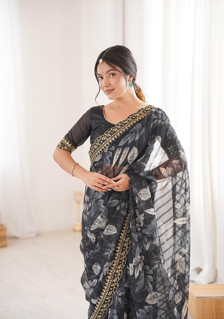 Black Embellished Georgette Saree Set - Indya