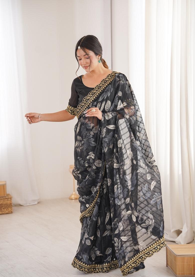 Black Embellished Georgette Saree Set - Indya