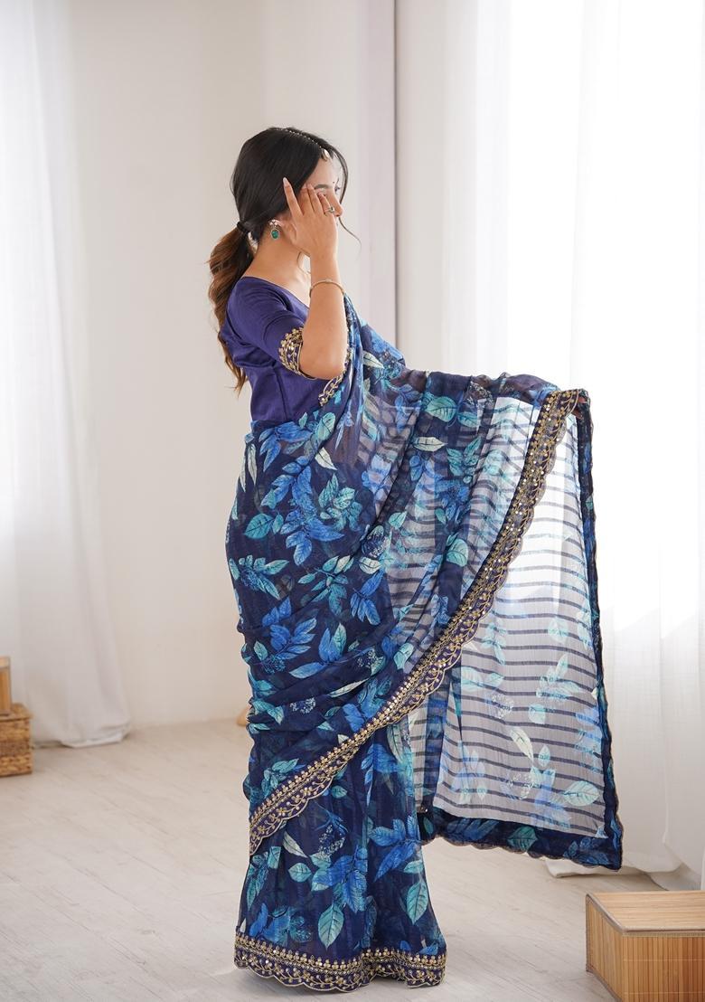 Blue Embellished Georgette Saree Set - Indya