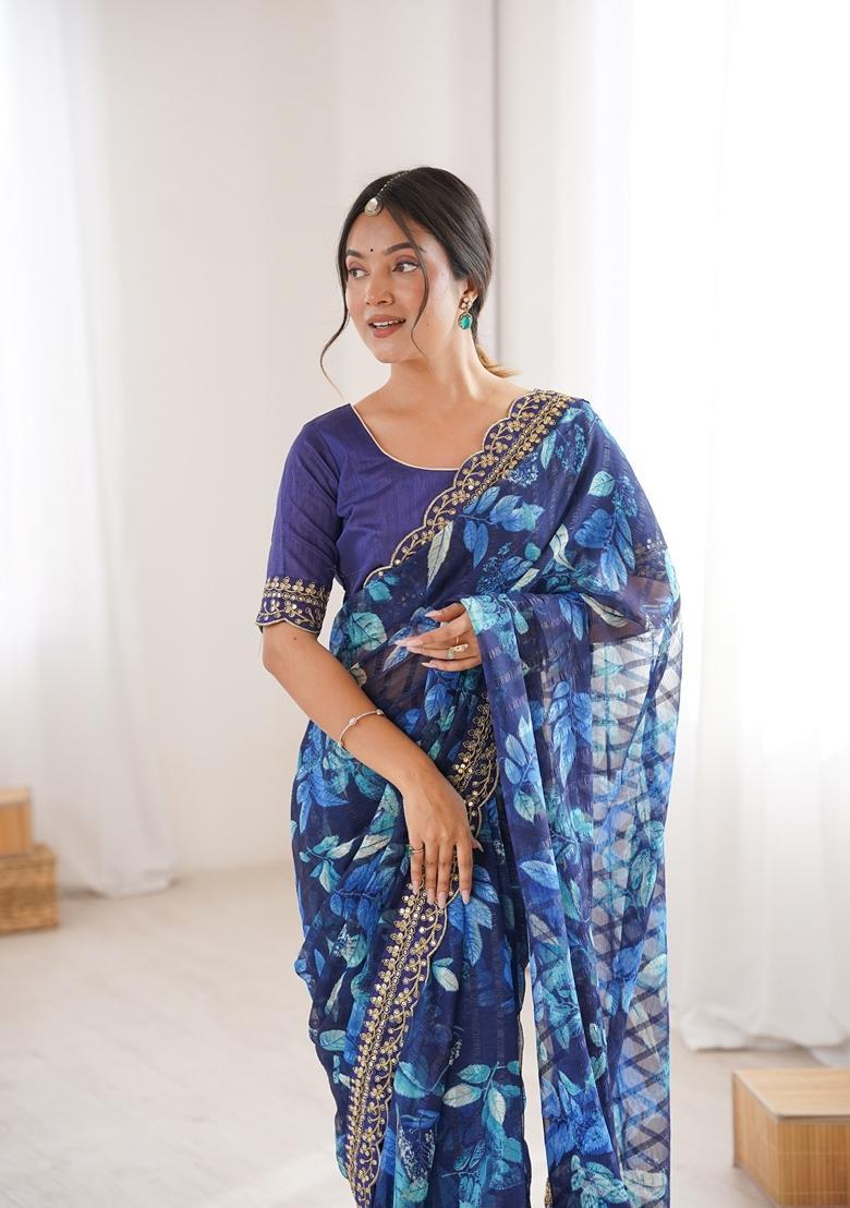 Blue Embellished Georgette Saree Set - Indya