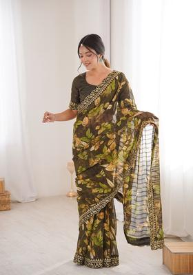 Green Embellished Georgette Saree Set