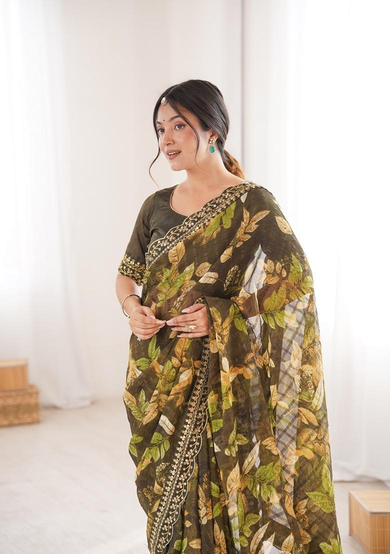 Green Embellished Georgette Saree Set - Indya