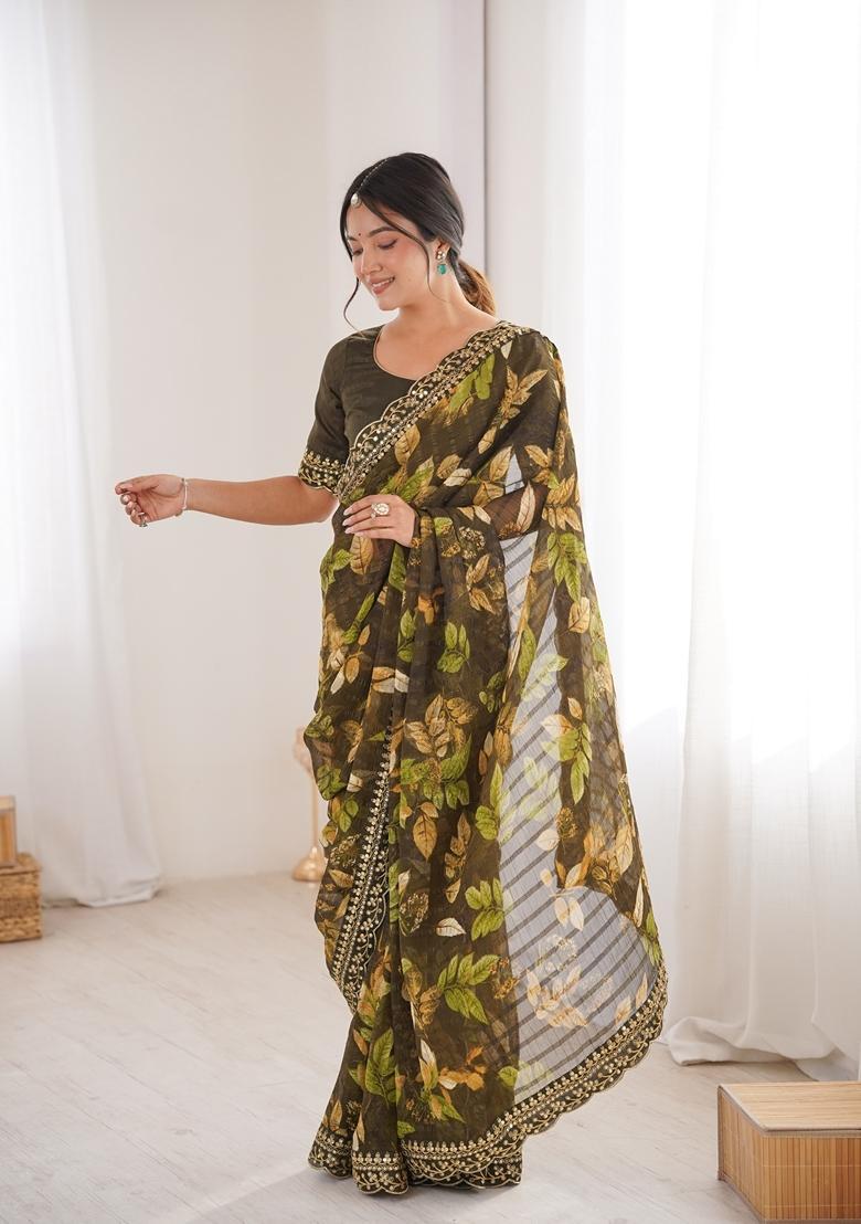 Green Embellished Georgette Saree Set - Indya