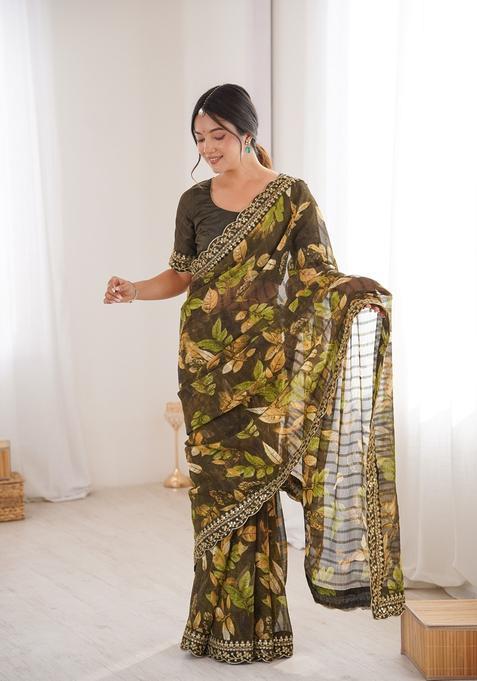 Green Embellished Georgette Saree Set