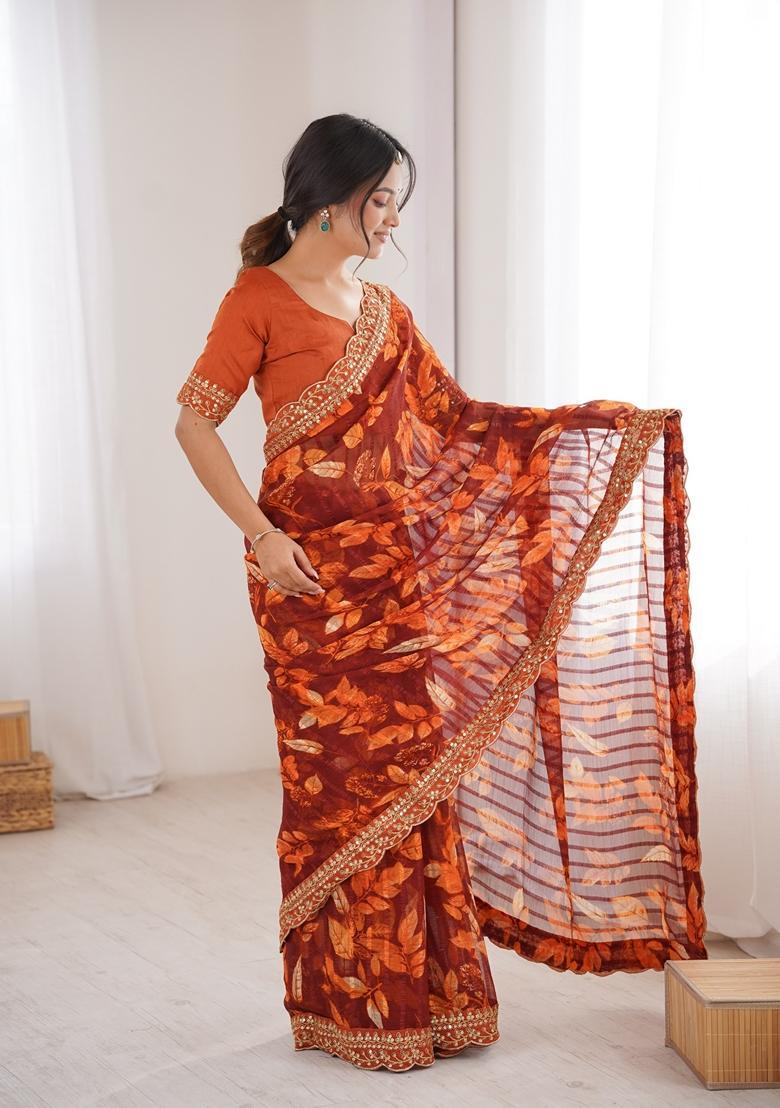 Orange Embellished Georgette Saree Set - Indya