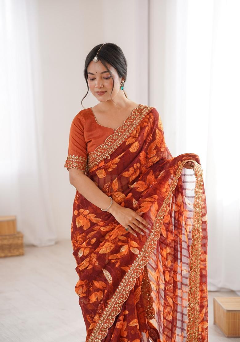 Orange Embellished Georgette Saree Set - Indya