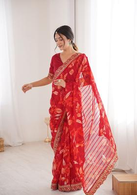 Red Embellished Georgette Saree Set
