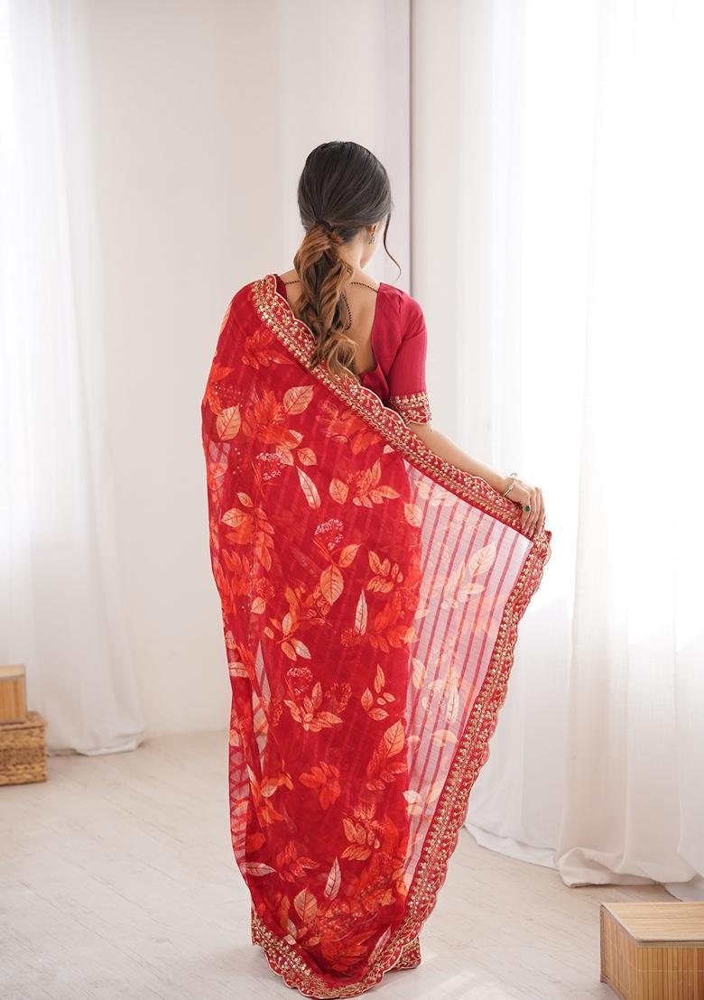 Red Embellished Georgette Saree Set - Indya