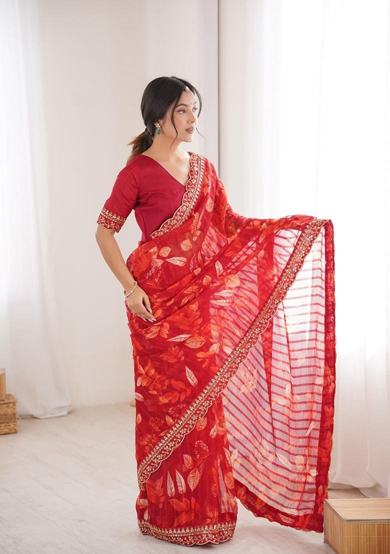 Red Embellished Georgette Saree Set - Indya