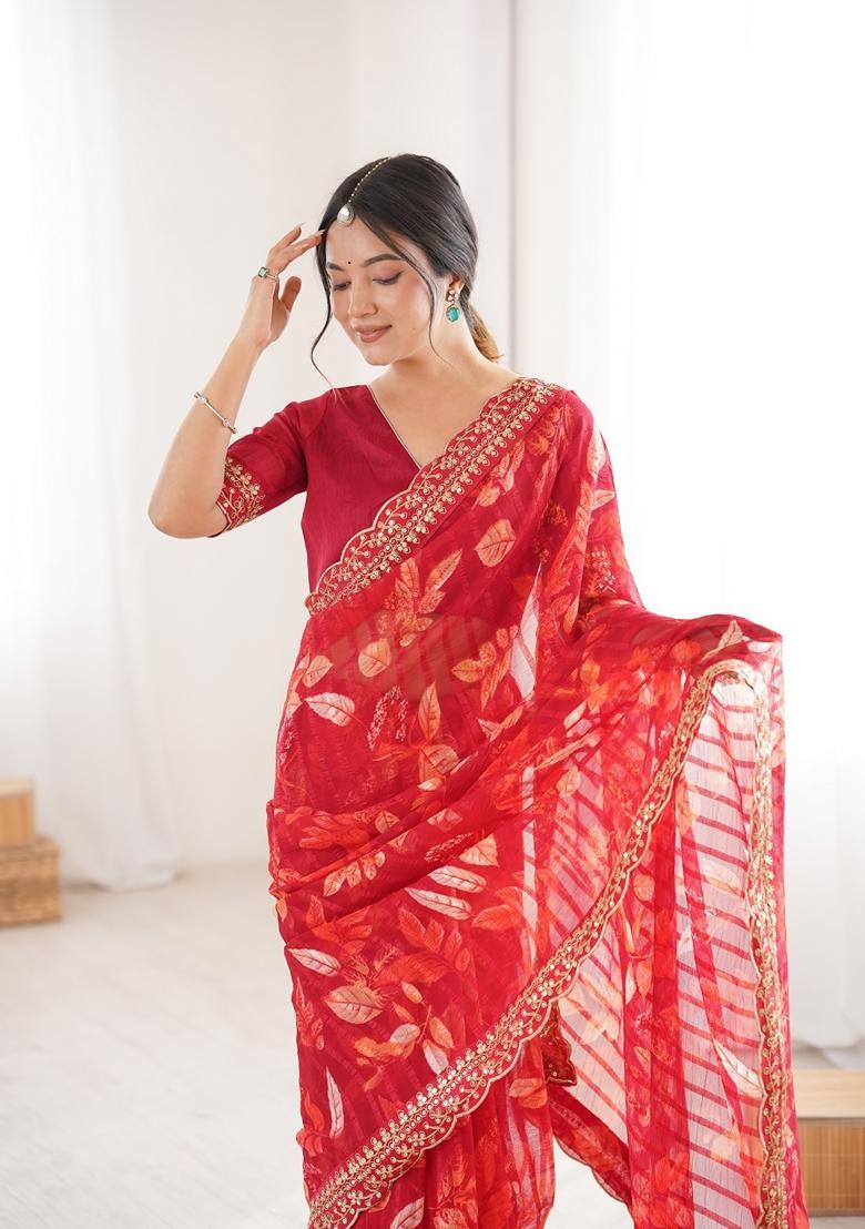 Red Embellished Georgette Saree Set - Indya