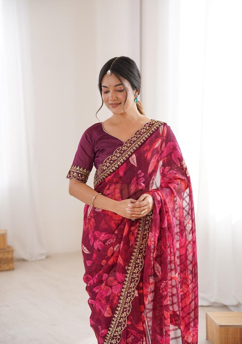 Magenta Embellished Georgette Saree Set - Indya