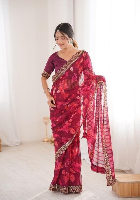 Magenta Embellished Georgette Saree Set