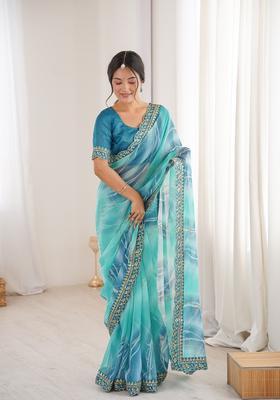 Blue Embellished Georgette Saree Set