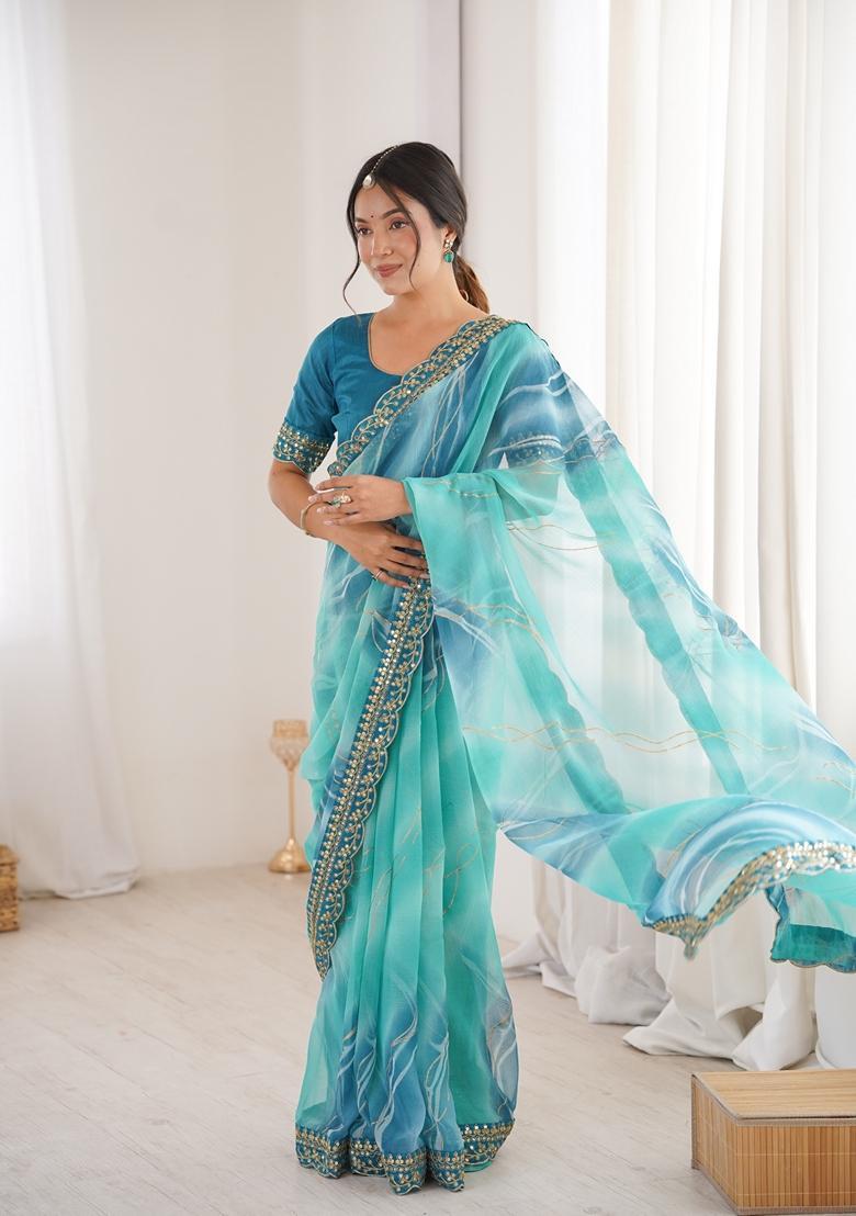 Blue Embellished Georgette Saree Set - Indya