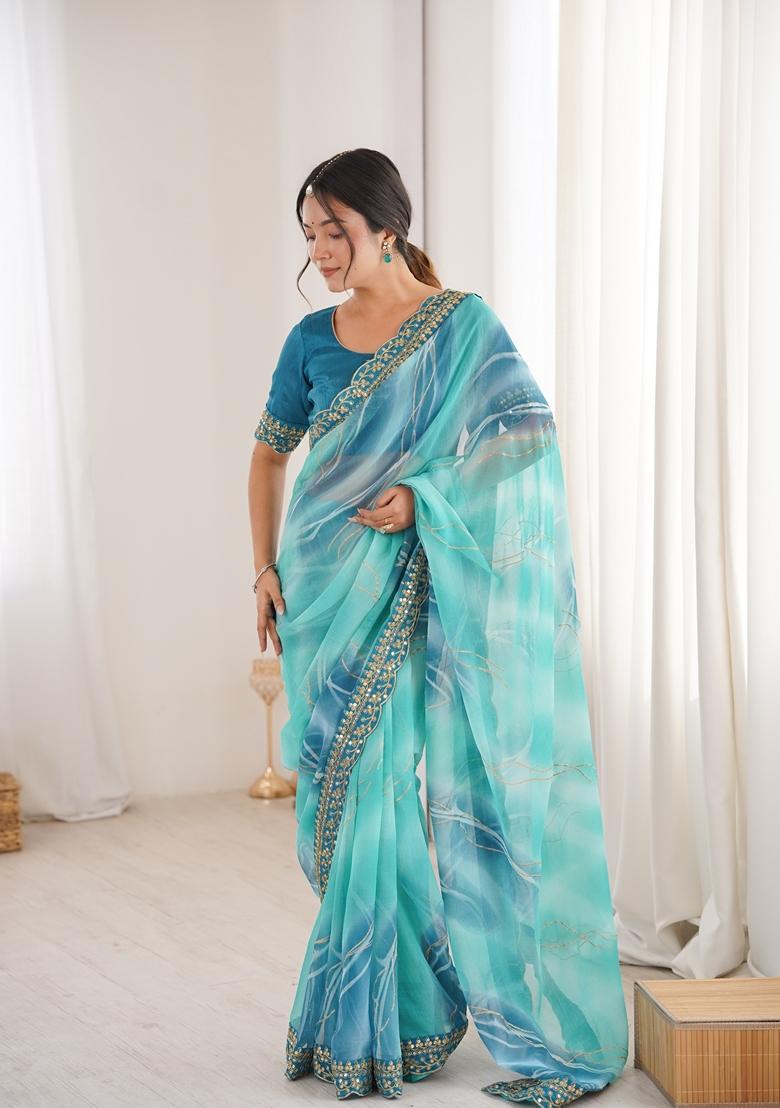 Blue Embellished Georgette Saree Set - Indya