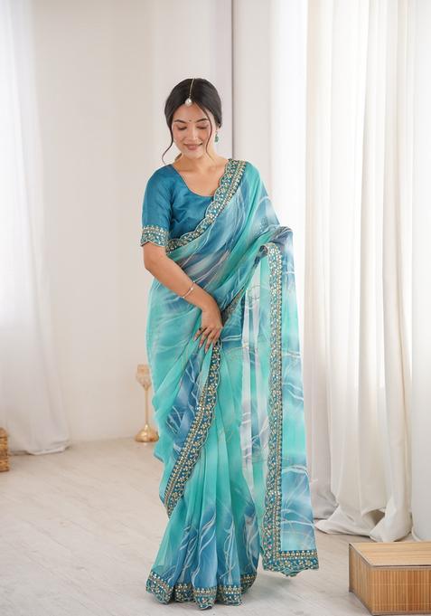 Blue Embellished Georgette Saree Set