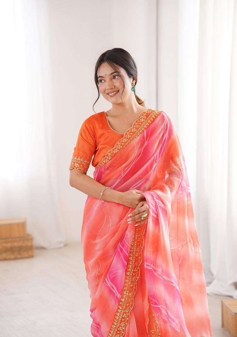 Orange Embellished Georgette Saree Set - Indya