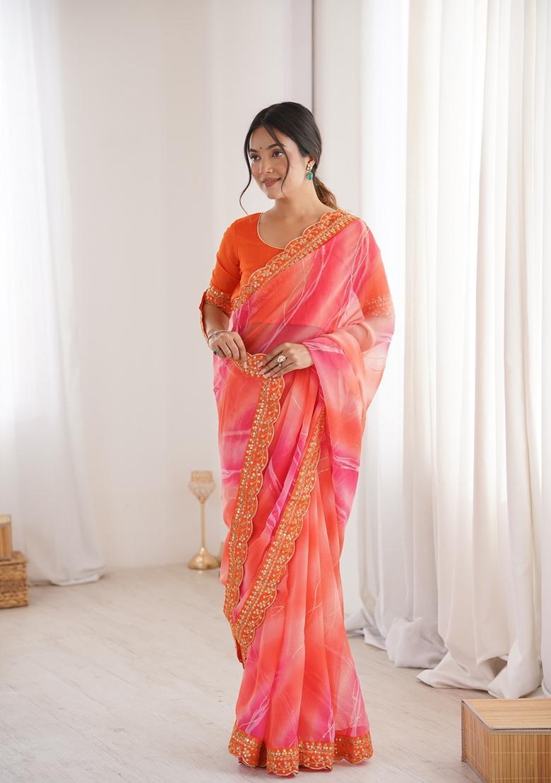 Orange Embellished Georgette Saree Set - Indya