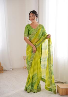 Green Embellished Georgette Saree Set