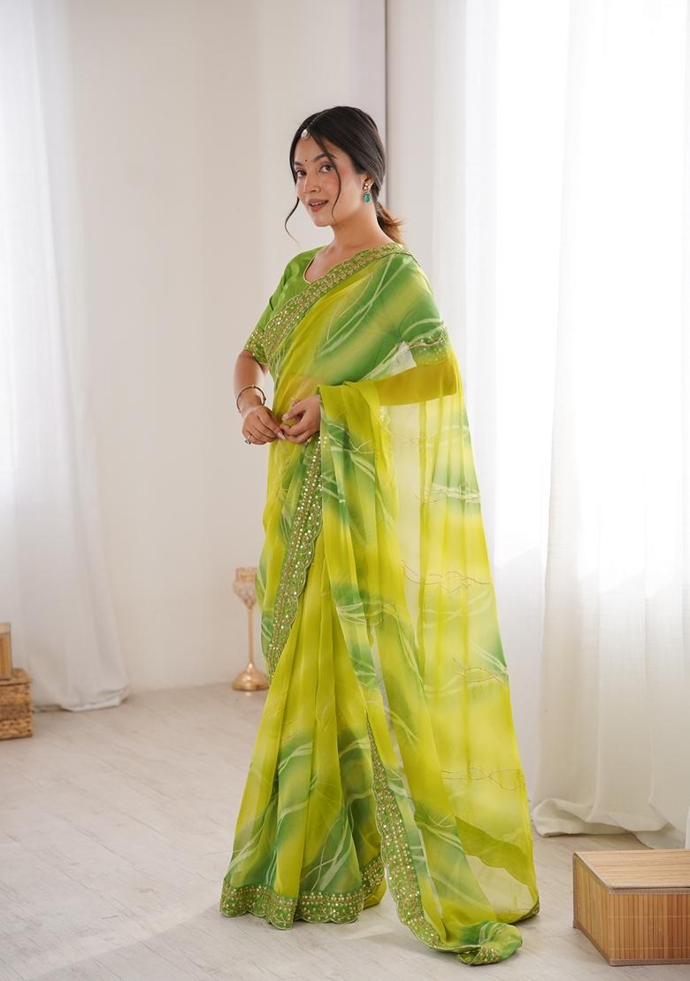 Green Embellished Georgette Saree Set - Indya