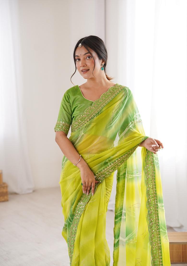 Green Embellished Georgette Saree Set - Indya