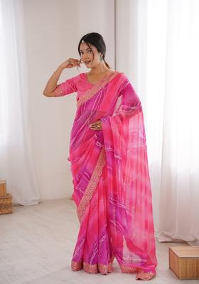Pink Embellished Georgette Saree Set