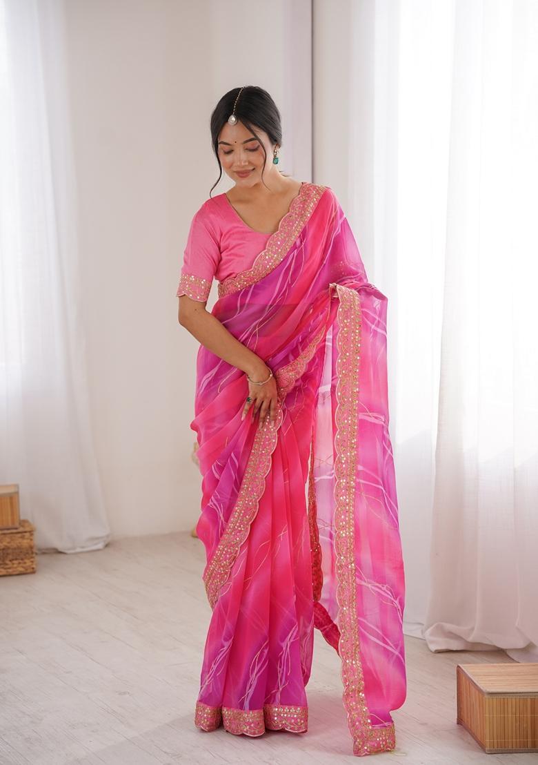 Pink Embellished Georgette Saree Set - Indya