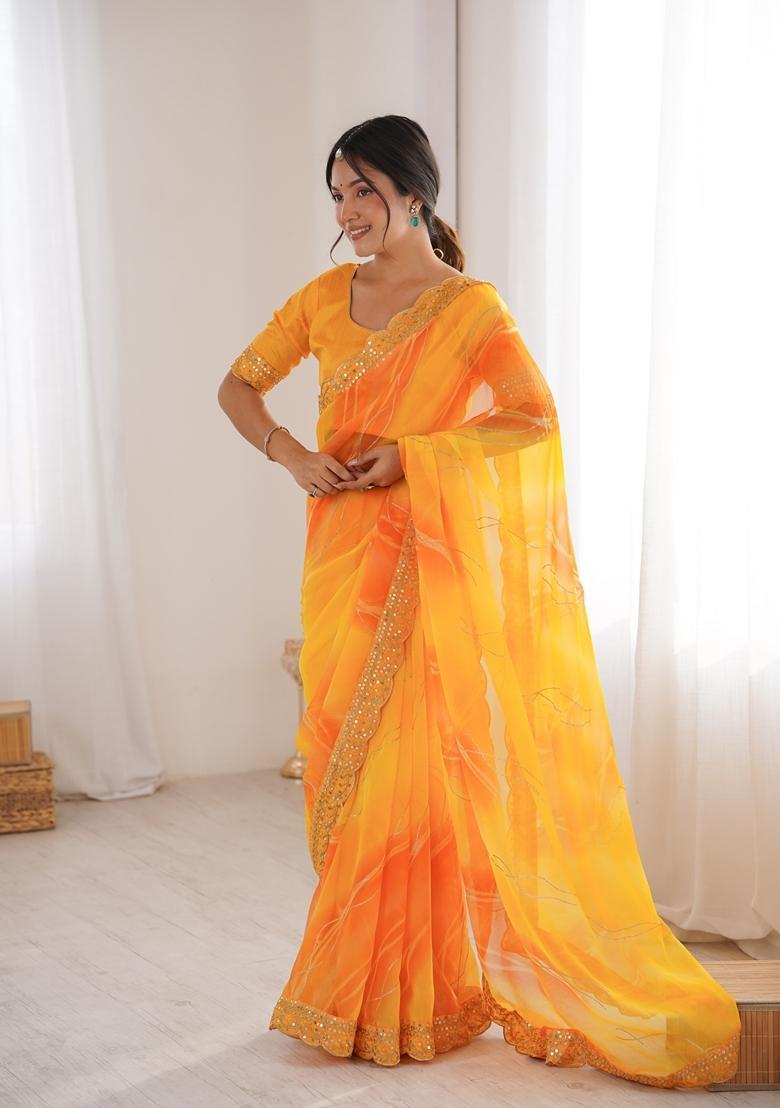 Yellow Embellished Georgette Saree Set - Indya