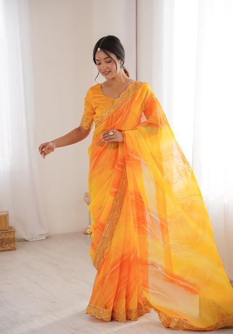 Yellow Embellished Georgette Saree Set