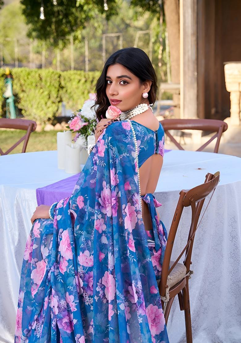 Blue Floral Print Georgette Saree Set - Indya