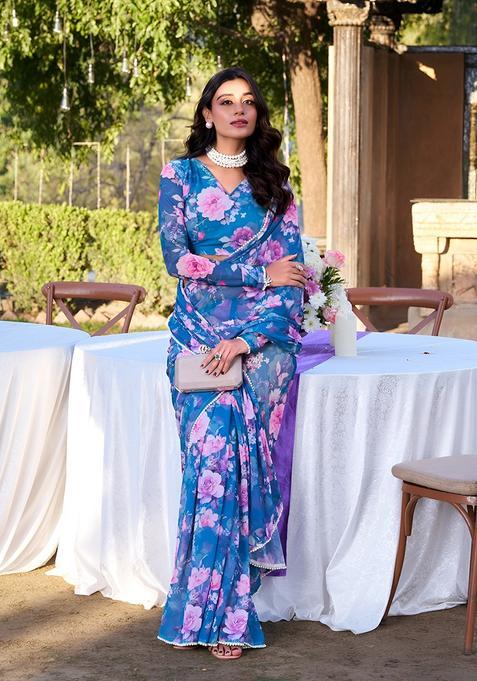 Blue Floral Print Georgette Saree Set