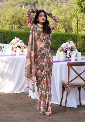 Green Floral Print Georgette Saree Set
