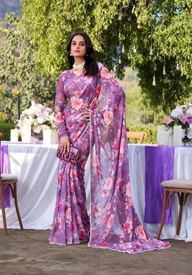 Purple Floral Print Georgette Saree Set