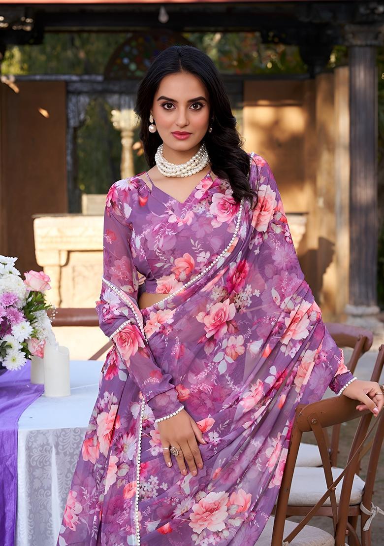 Purple Floral Print Georgette Saree Set - Indya