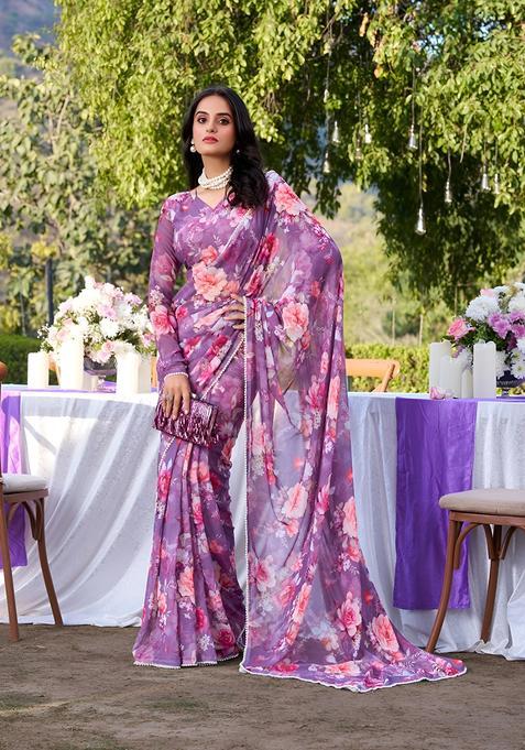 Purple Floral Print Georgette Saree Set